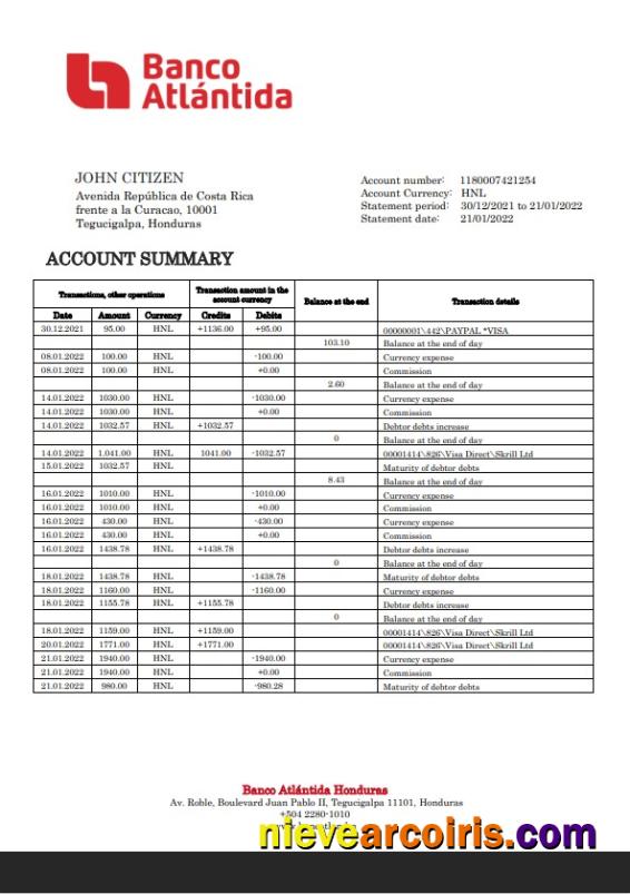 Honduras Banco Atlantida Bank statement, Word and PDF format